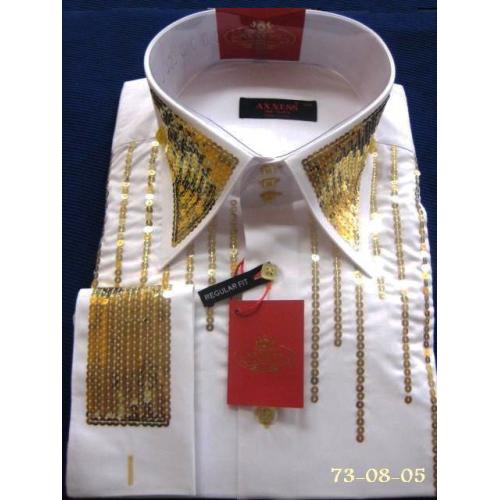 Axxess White With Gold Metalic Lurex Handpick Stitching 100% Cotton Regular Fit Dress Shirt 73-08-05